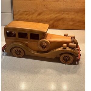 Vintage Handcrafted Wooden Model Car Classic Sedan Figurine Brown Home Decor